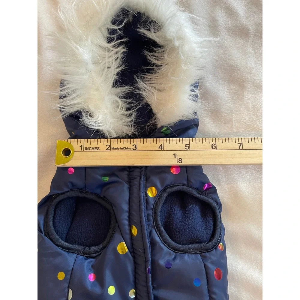Romeo & Minx Navy Blue Polka Dot Pet Puffer Coat Faux Fur Hood Small NWT